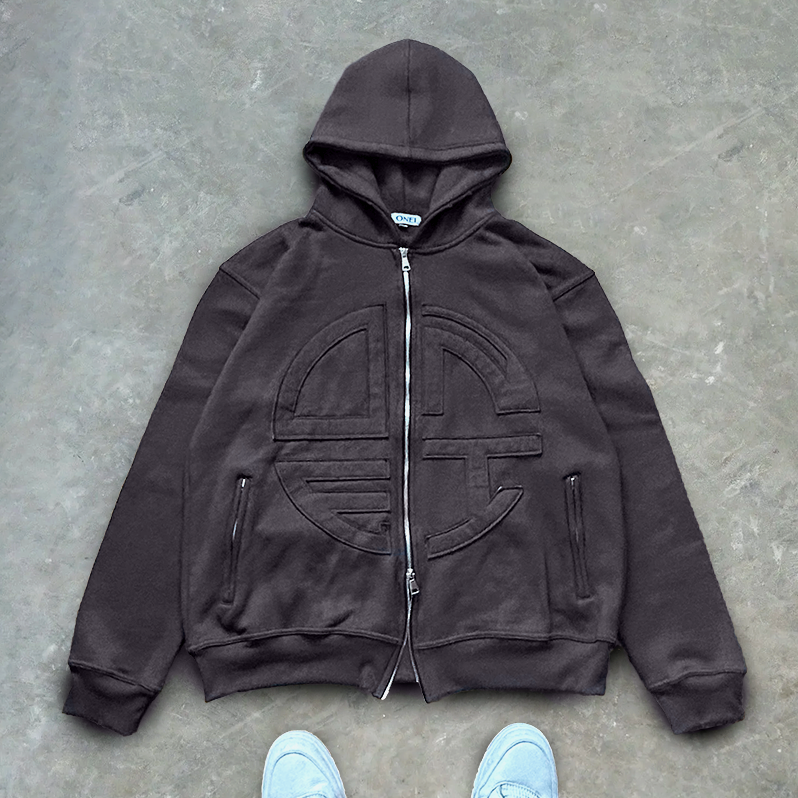 Grey Zip-Up Hoodie – Embroidered Patch Logo (Clearance Sale)