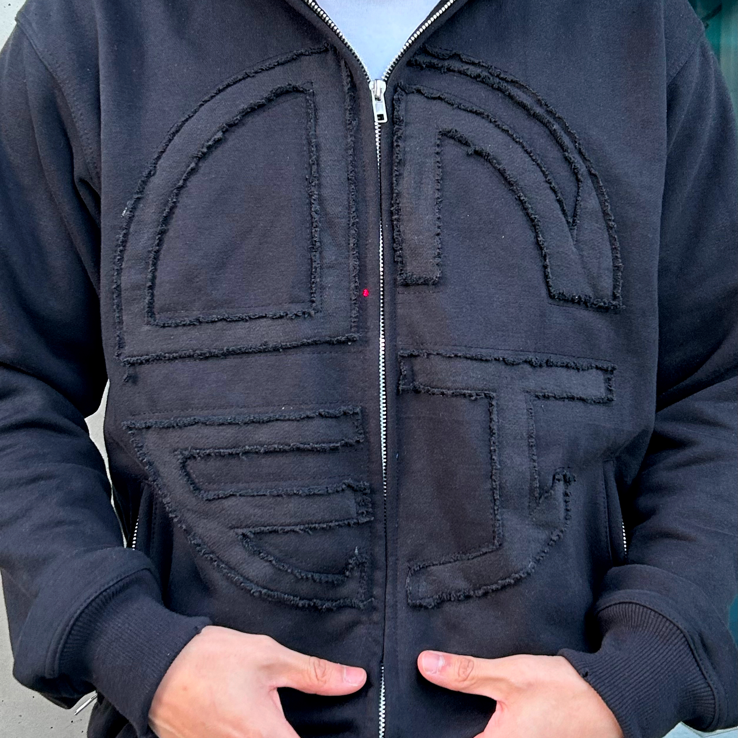 Black Zip-Up Hoodie – Embroidered Patch Logo & Distressed (Clearance Sale)