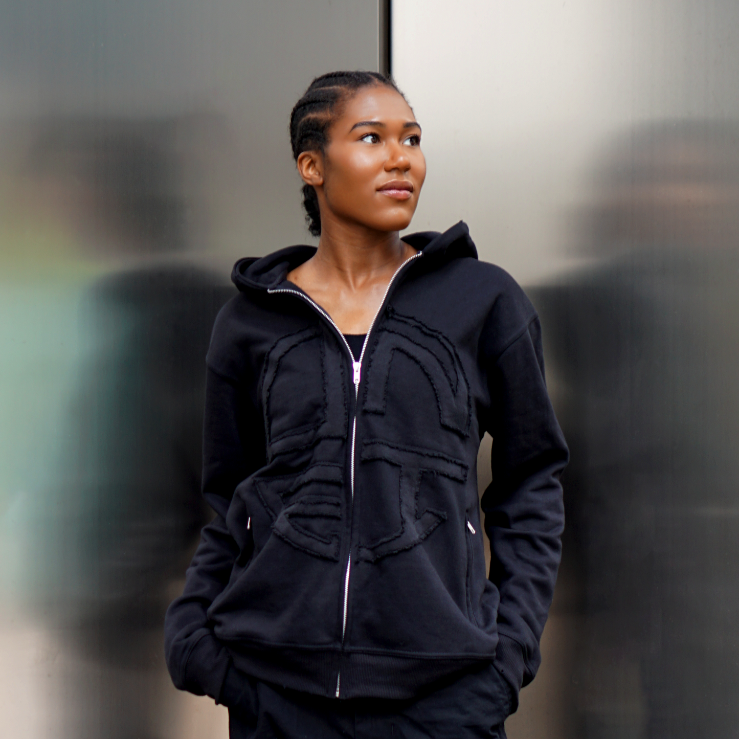 Black Zip-Up Hoodie – Embroidered Patch Logo & Distressed (Clearance Sale)