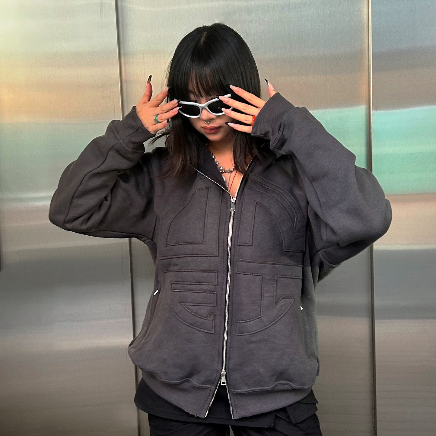 Grey Zip-Up Hoodie – Embroidered Patch Logo (Clearance Sale)